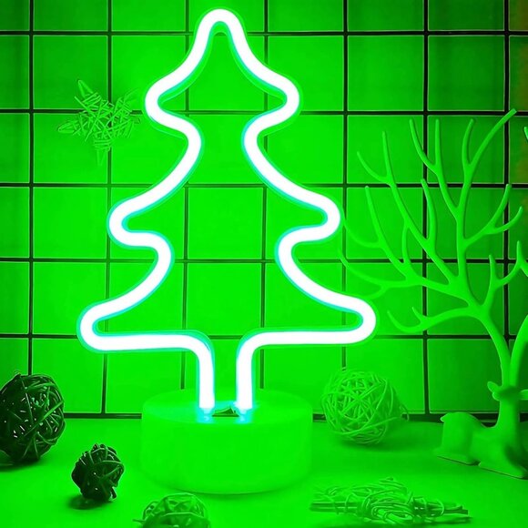 Neon Christmas Sign Tree Light Battery/USB Powered Green with Base - Picture 1 of 8